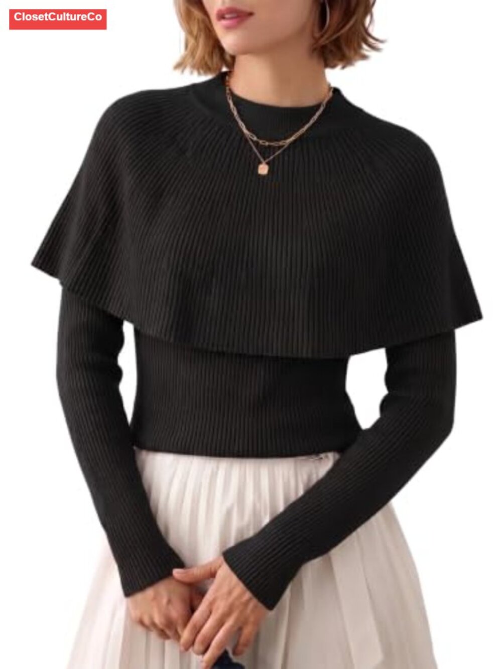 Poncho Sweater Set Lightweight Knit Pullover Boat Neck Two-Piece